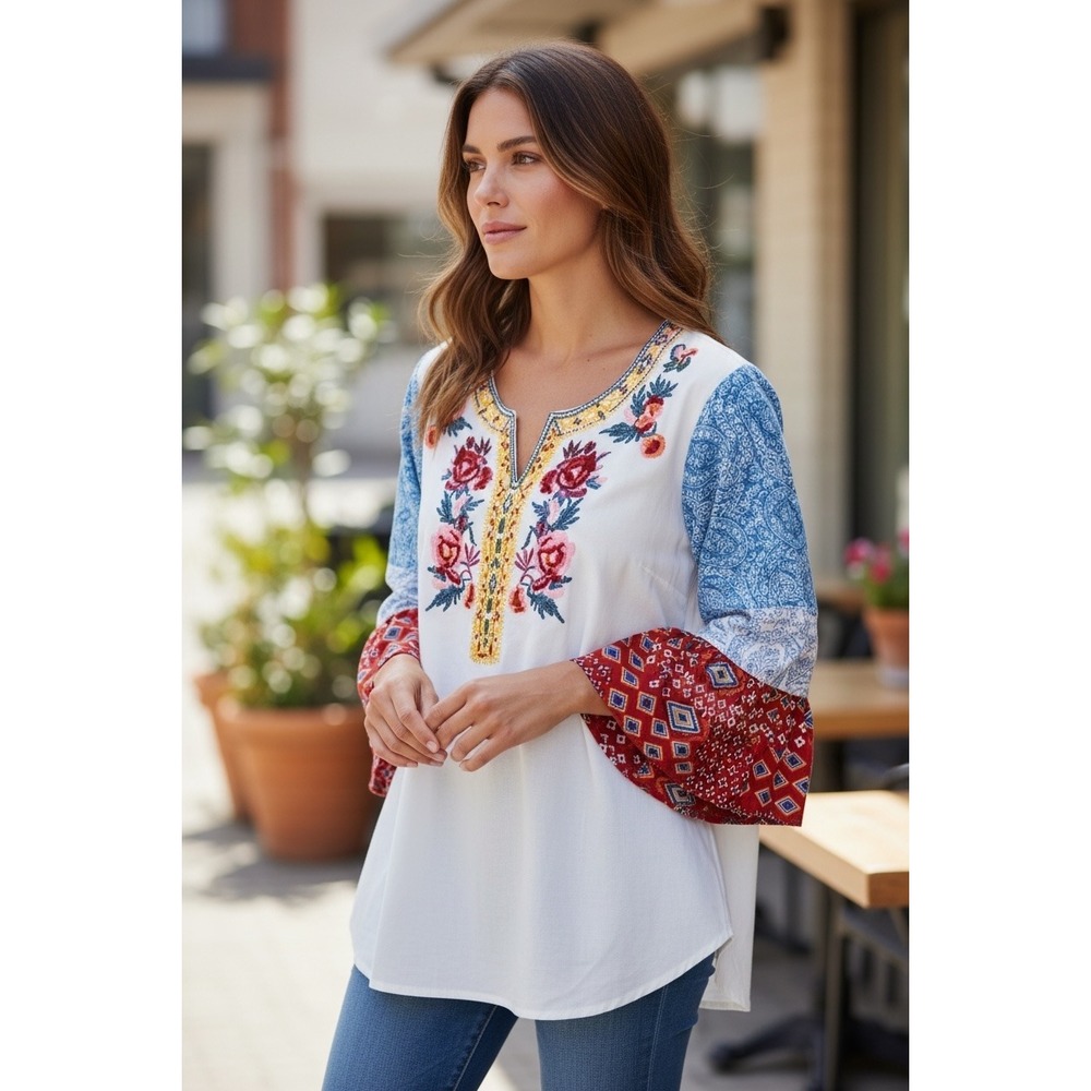 Calessa Womens Size Small Embroidered Boho Pink Blue Multi Patch Tunic NWT